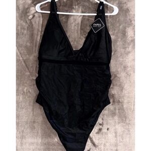 Zaful One Piece Swimsuit Women Large Black Mesh Stretch Deep V-Neck
